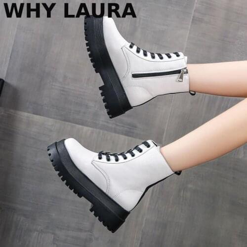 Platform shoes womens high heels leather ankle boots womens boots zipper muffin sole womens shoes Mujer cross tie