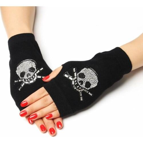 Women Skull Rhinestones Fingerless Gloves Fashion Hip Hop Driving Crown Heart Butterfly Fox Design Short Waist Gloves Mittens