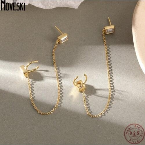MOVESKI 925 Sterling Silver Fashion Temperament Zircon Long Chain Earrings Ear Clips Women Simple Wedding Party Jewelry Gift