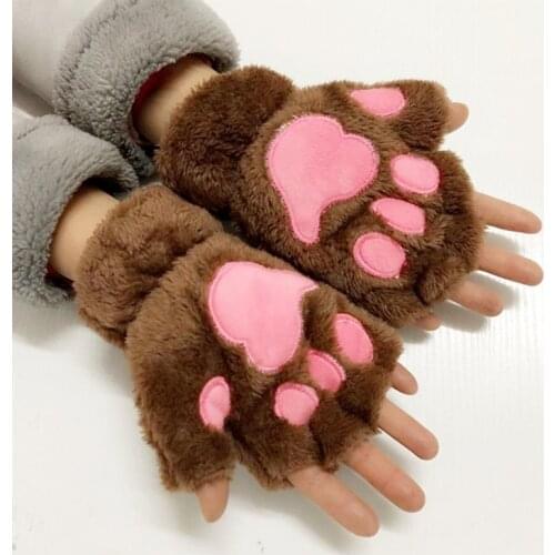 Women Winter Warm Half Finger Gloves Cute Cartoon Cat Paw Embroidery Anime Kitten Thicken Fuzzy Plush Fingerless Mittens
