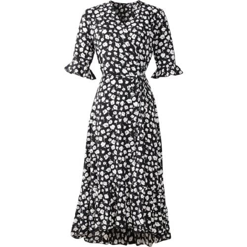 2021 Summer Beach Dress Fashion Short Sleeve V-Neck Spilt Floral Print Olive Green Ruffles Bandage Casual Vestidos