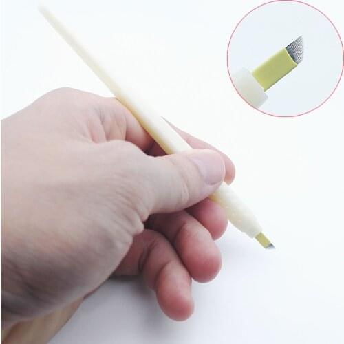 10pcs Microblading Manual Disposable Pen With Needle Eyebrow Tattoo Permanent Makeup 17 Curved Flex / U Shape Blades Needles