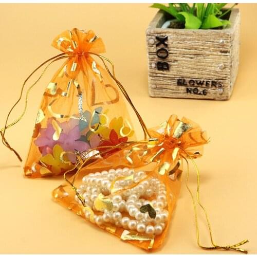 100pcs 7x9cm Drawable Organza Bags Heart Orange color Wedding Christmas Gift Bag Jewelry Packaging Bags Pouches