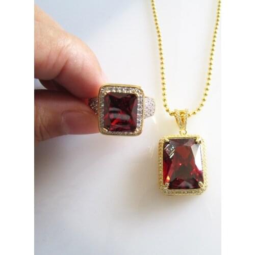 2016 Fashionable Iced Out Chain Octagon Red Pendant With 28" BEAD Chain Hip Hop Necklace RING SET