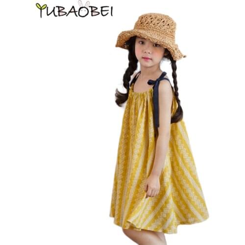 2020 Baby Girls Cotton Loose Beach Braces Dress Summer Childrens Clothing Fashion Flower Stripe Yellow Dress Kids Clothes
