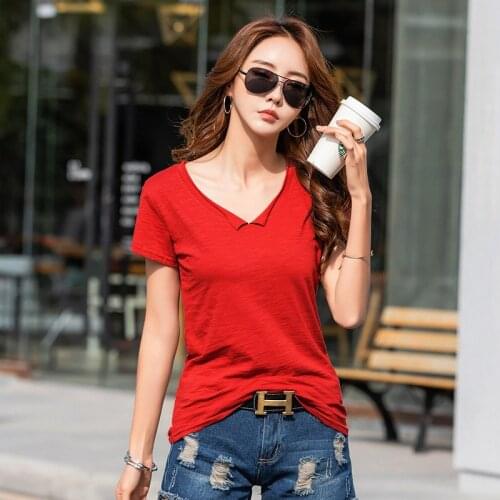 2020 Fashion Knitted Basic Solid T-shirt Women Casual Cotton Short Sleeve Tee-Shirts Female Tops