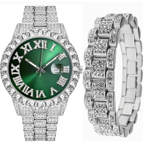 Watch for Men Luxury Iced Out Watch + Bracelet Cuban Chain Rhinestone Bling Mens Watch Set Jewelry Set Clocks Gifts Reloj Hombre