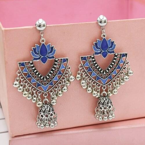 Ethnic Womens Silver Color Loctus Indian Jewelry Gypsy Vintage Ethnic Boho Tribe Tassel Drop Earrings Jhumka Earrings Jewelry