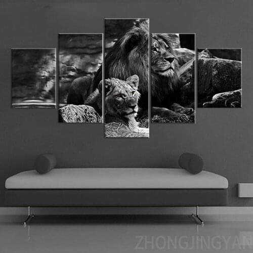 Canvas Wall Art Pictures 5 Piece Black Background lion Painting Modern Prints Animas Poster For Living Room Framework Artwork