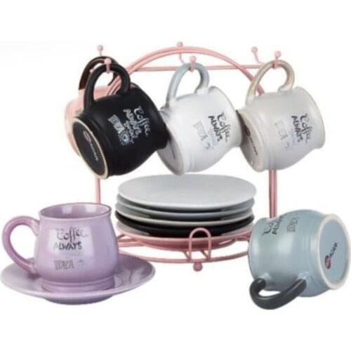 Ceramic Coffee Cup Luxury Set Of 13 Quality Pattern Cream Blue Purple Black Coffee Turkish Tea Cups with Saucers Plate and Stand