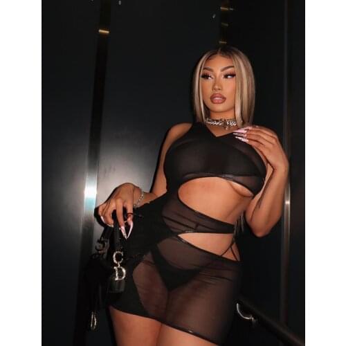 Summer Sexy Black Party Clubwear Women Mesh See Through Bodycon Mini Dress With Panties Clothing Lady Streetwear Outfits 2021New