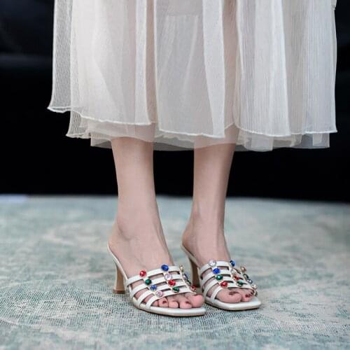 Summer 2020 new leather sandals and slippers shoes high heel women thin heels with square head wear slippers Z837