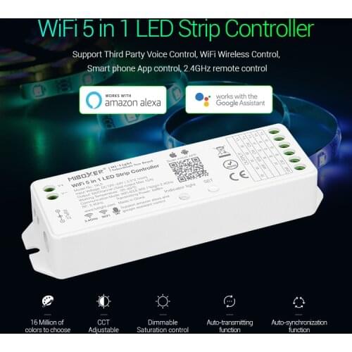 Miboxer WL5 2.4G 5 in 1 WiFi LED Controller for Single Color CCT RGB RGBW RGB+CCT LED Strip Support Amazon Alexa Voice Control