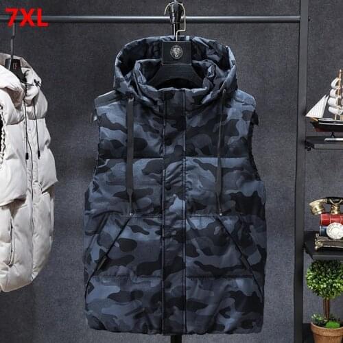 Plus Size Mens Vest Winter Korean Camouflage Trend Casual Hooded Vest Top Plus Loose 7XL 6XL