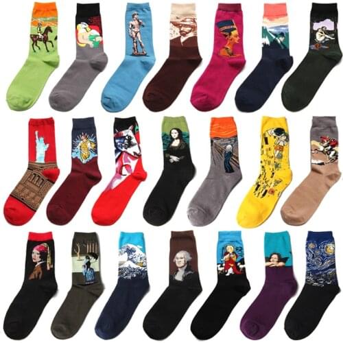 Novelty 1 Pair Men Socks Cotton Starry Night Art World Famous Oil Painting Happy Socks Funny Harajuku Calcetines Hombre