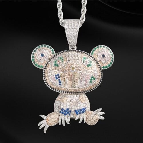 Ice Out Cubic AAA+ Zircon Color Frog Pendant Necklace with Rope Chain Hip Hop Gold Silver Color Charm Gift Jewelry for Men Women