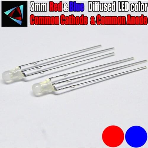 50pcs LED 3mm Diffused Blue And Red Common Cathode Common Anode 3 Pin Round 3 mm Bi-Color LED Light-Emitting Diode