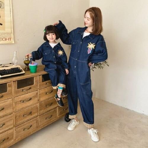 2021 Spring Mother Girl Jeans Jumpsuit Mommy and Me Clothes Long Sleeve One-piece Pants Fashion Family Matching Denim Rompers