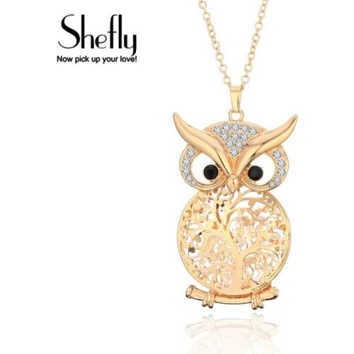 Vintage Rhinestone Necklace For Women Gold Sweater Chain Animal Owl Pendants Crystal in Locket Pendant Necklace Female Gift