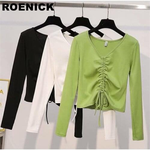ROENICK Womens T-Shirts Solid Drawstring V-Neck Long-Sleeved T-Shirt Women Plaid High Waist Slim Short Top Fashion Short-Sleeved