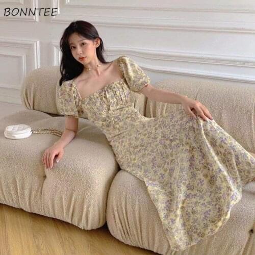 Dress Women Floral Retro French Style Elegant Square Collar Side-slit Maxi Chiffon Soft Summer Temperament Female Fashion Ins