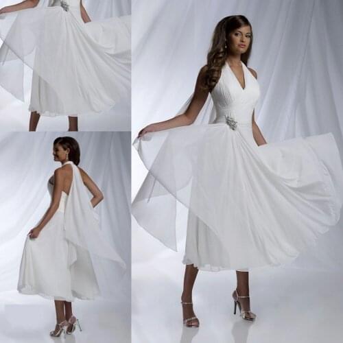 2018 Free Shipping Simple A-line Halter Chiffon Short Bridal Gown Crystal Waist Charming vestido de noiva bridesmaid dresses