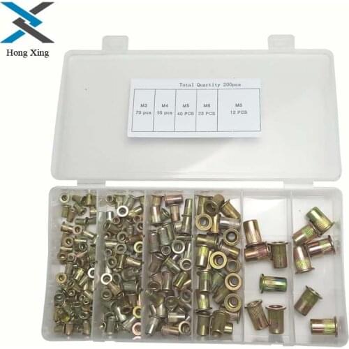 200Pcs/set M3 M4 M5 M6 M8 Knurled Cap Rivet Nut Rivnut Flat Head Threaded Rivet Insert Zinc Plated Assortment