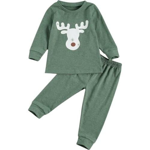2020 0-4Y Toddler Pajama Set 2pcs Newborn Baby Christmas Long Sleeve Crew Neck Deer Print Tops+Pants Outfits Set Green Sleepwear