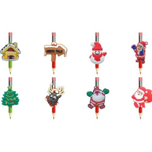8pcs/lot Cute Christmas PVC Pencil Topper Santa Clause Straw Charms Pen Caps School Office Stationery DIY Craft Kids Gift