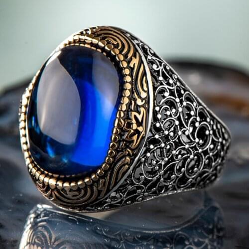 925 Sterling Silver Blue Stone Big Mens Ring Exclusive Accessory Special Ring for Men Made in Turkey