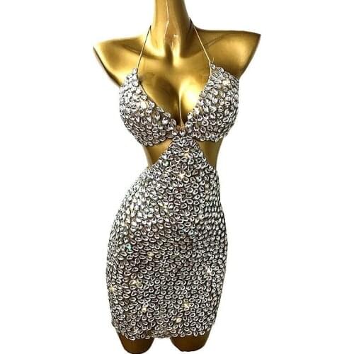 Glisten Full Silver Rhinestones Bra Mini Dress Birthday Celebrate Sexy Stage Performance Outfit Women Dancer Show Singer Wear