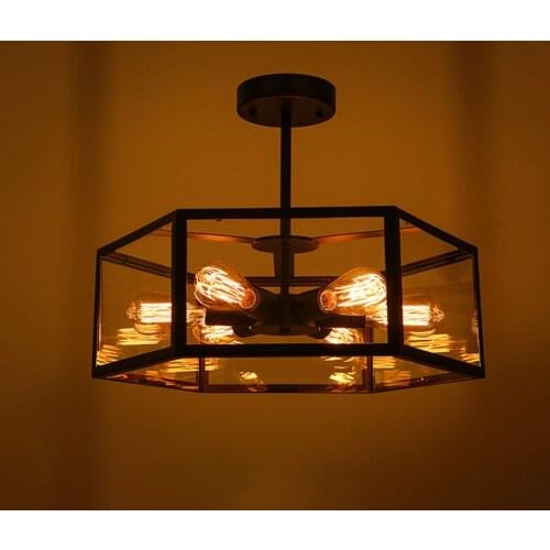 Loft Black Retro Iron Chandeliers Industrial Acrylic Pendant Lamp Hexagon Box 6 Heads LED Lights Restaurant Bar Cafe Bedroom