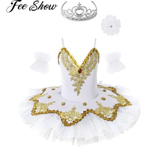 Kids Girls Ballet Dress Shoulder Straps Embroidered Flower Rhinestone Sequins Ballet Leotard Tutu Dress Swan Lake Dance Costumes