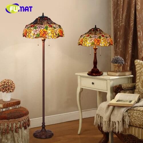 FUMAT European Tiffany Floor Lamp Rose shade Stained Glass Decor Stand Lights For Living Room Pastoral Artistic LED Floor Lights