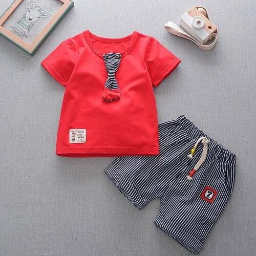 Baby Boy Birthday Clothes Summer Leisure Two Piece Suits Korean O-neck Short Sleeved T-shirts Tops + Striped Shorts Sportwear
