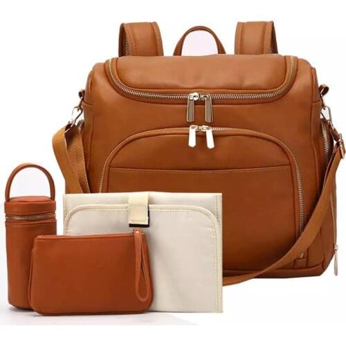 PU Leather Diaper Bag Backpack Baby Nappy Bags Stroller Organizer +Changing Pad+Stroller Straps+Insulation Bag+Cosmetic bag