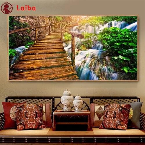 2021 Diamond Painting Natural scenery, small bridge waterfall flowing water Full square Rhinestone of Picture Diamond mosaic