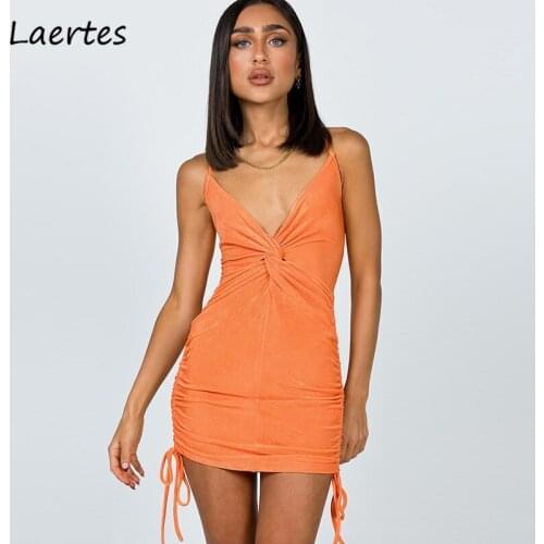 Laertes Summer Casual Bodycon Sexy Dress For Women Orange Square Collar Backless Sexy Ruched Spaghetti Strap Mini Party Dresses