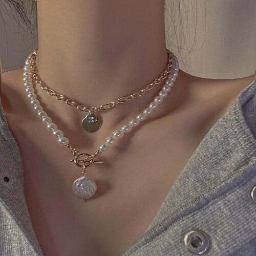 Fashion Baroque Pearl Necklace Toggle Clasp Necklaces for Women Vintage Punk Multi-layer Sweater Necklace Couple Female Jewelry