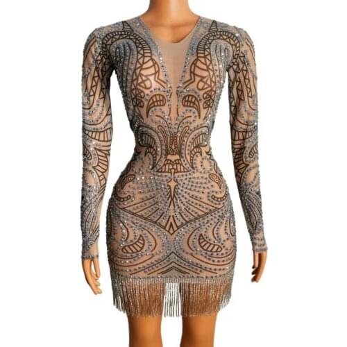 Fashion Pattern Silver Rhinestones Sexy Mesh Dress Stage Performance Outfit Dance Birthday Evening Transparent Costume Prom