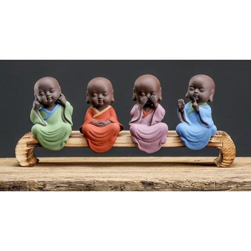 The 5 In 1 Monk Set Tea Pet with Wooden Stool for Home Decor Ceramic Miniatures Figurines Garden Fleshy Pot Decoration