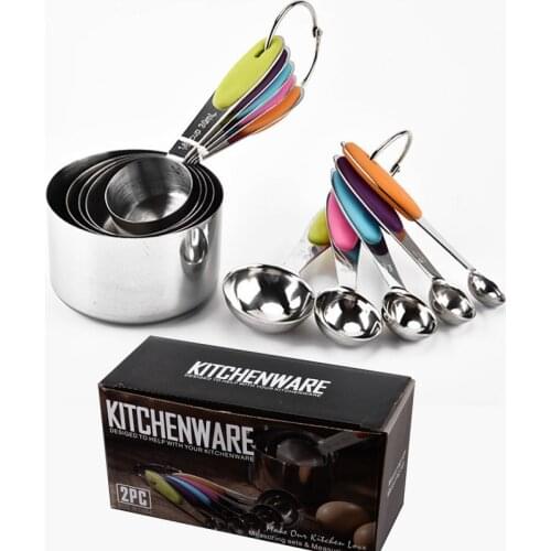 Food Grade Adjustable 10pcs Stainless Steel Measuring Cups And Spoons Set with Nonslip Silicone Handle