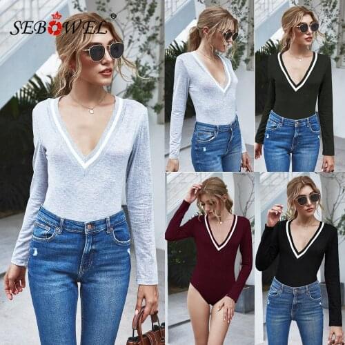 SEBOWEL Autumn Womens Long Sleeve Bodysuits Slim Bodycon Spring 2020 Female Casual Long Sleeve Body Top Clothes Romper S-XL
