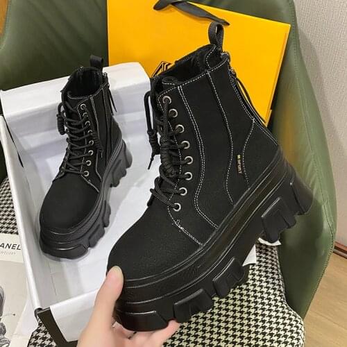 Autumn Women Thick Sole Ankle Boots Canvas Platform Casual Boots 2021 Womens 8cm High Heels Wedge Boots Shoes Woman Sneakers