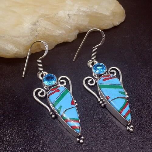 Gemstonefactory Big Promotion Unique 925 Silver Stripe Jasper Blue Topaz Women Ladies Gifts Dangle Drop Earrings 20211924