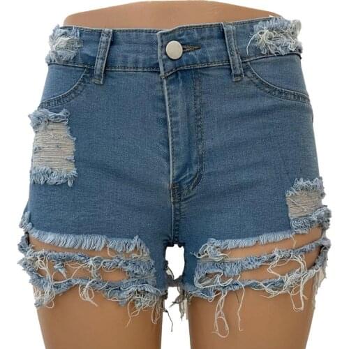 Summer Female Sexy Ladies Hole Design Ripped High Waists Shorts Bottoms Women Shorts Solid Color Female Denim Short Jeans