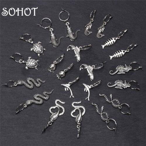 SOHOT Cute Animal Snake Fish Shark Tortoise Mermaid Seahorse Pendant Women Drop Earrings Chic Silver Color Unisex Punk Brincos