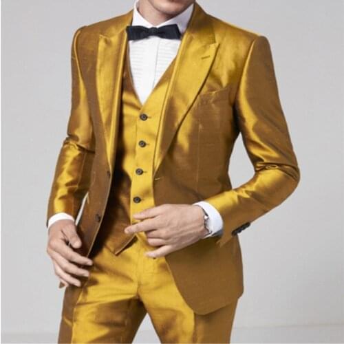 TPSAADE Fashion Design Gold 3 Pieces Mens Suit Formal Skinny Step Suit Blazer Shiny Custom 3 Pieces Jacket Trousers vest 363