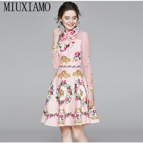 MIUXIMAO 2020 Spring Dress High Quality Flowers Print Dress Elegant Lace Slim Casual Runway Dress Women Vestidos with Bow
