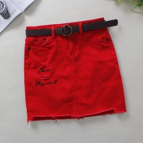 New Korean Summer Red Jeans Skirts Womens Skinny Pencil Skirts Embroidery Letter Pattern Mini Denim Skirt Ladies Streetwear